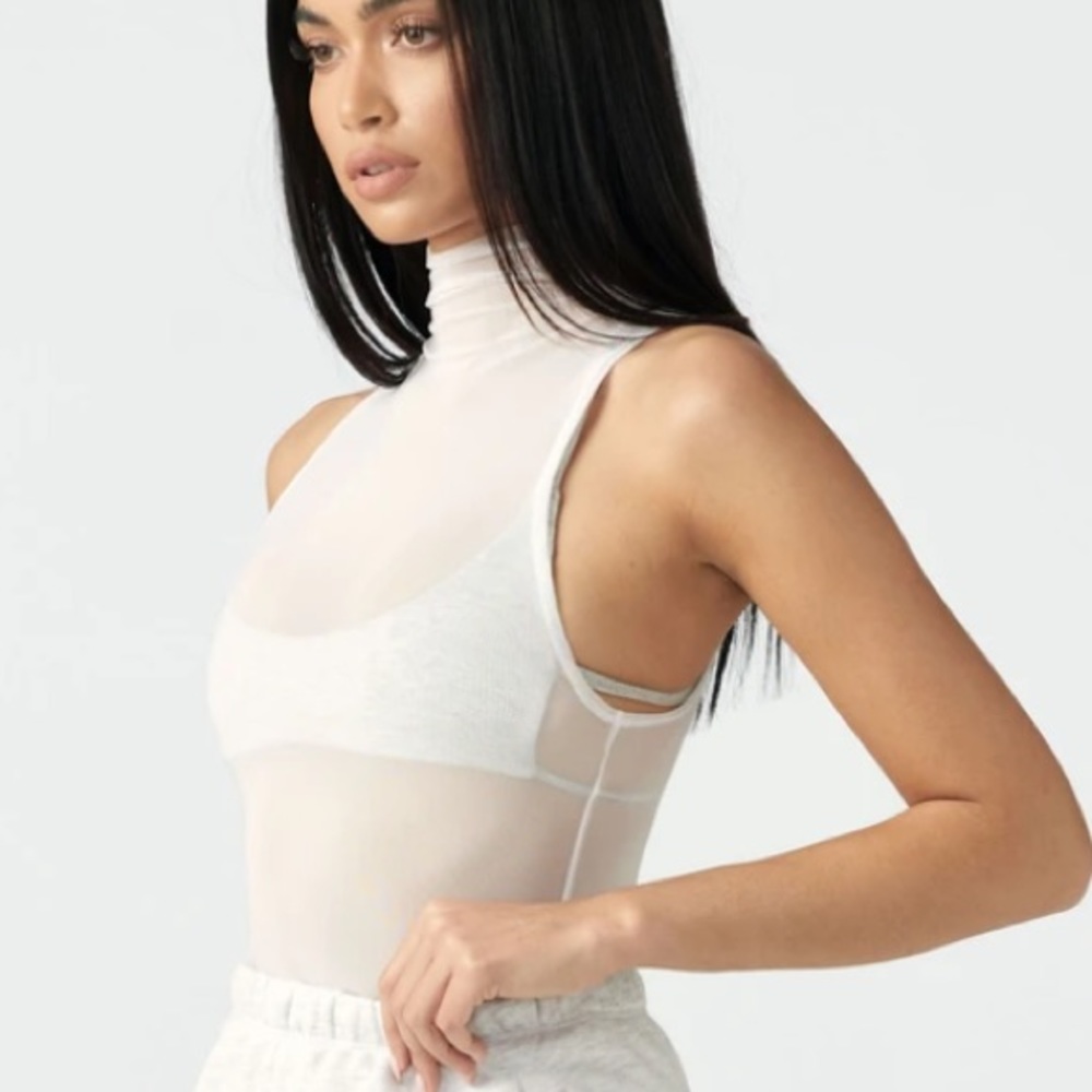 Mock Neck Tank White Mesh